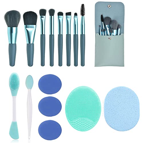 Soft Blue Makeup Brush Set Premium Synthetic Foundation Brushes with Silicone...