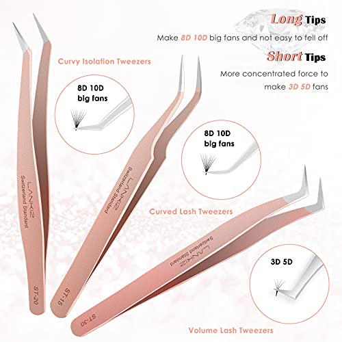 LANKIZ Eyelash Extension Tweezers Set 5 PCS for Volume Lash Extensions Stainl...