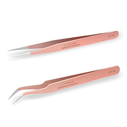 LANKIZ Eyelash Extension Tweezers Stainless Steel Straight and Curved Volume ...