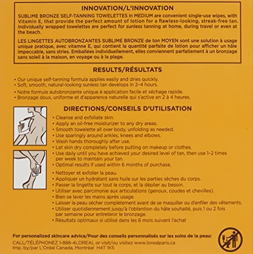 L'Oreal Paris Skincare Sublime Bronze Self-Tanning Towelettes, Streak-Free, N...