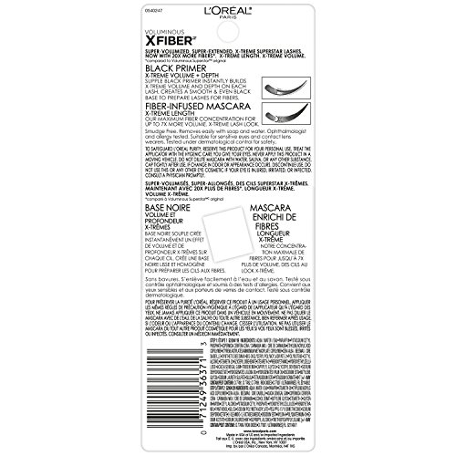 L'Oreal Paris Voluminous X Fiber Washable Mascara, Blackest Black, 1 Tube