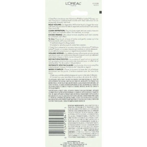 L'Oreal Paris Voluminous Million Lashes Excess Washable Mascara, Black, 0.31 ...