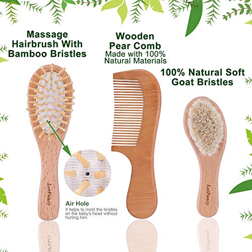 3 Pack Baby Hair Brush and Comb Set for Newborns, Soft Goat Bristle Brush for...