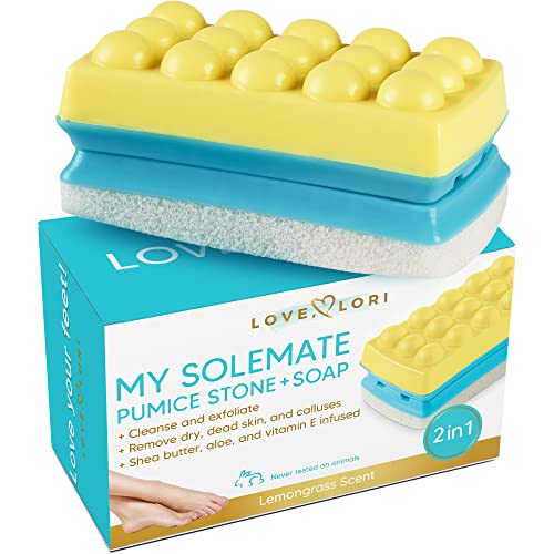 Foot Scrubber Pumice Stone for Feet by Love Lori - 2 in 1 Moisturizing Soap a...