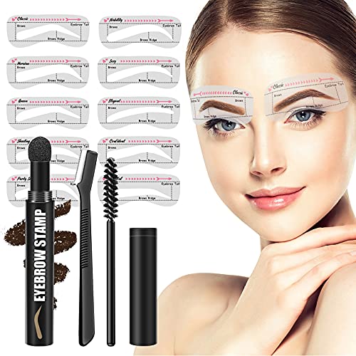 Eyebrow Stamp Stencil Kit, 10 Eyebrow Stencils with Eyebrow Powder, Brush and...