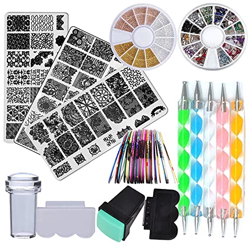 Nail Art Kit Tools 3pc Mandala Flower Nail Stamping Plate Rhinestones Gold Be...