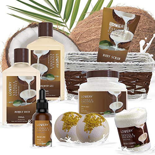 Bath and Body Gift Basket For Women and Men – 9 Piece Set of Vanilla Coconut ...