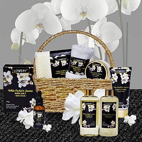 Bath and Body Gift Basket for Women and Men – Orchid and Jasmine Home Spa Set...