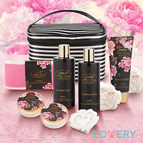 Home Spa Gift Basket, 8 Piece Bath & Body Set For Men/Women, Fresh Peony Scen...