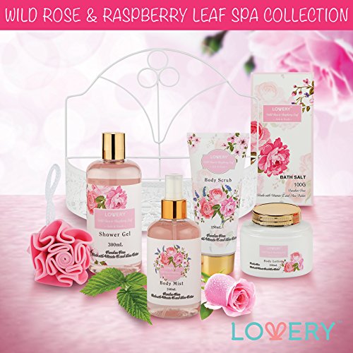 Home Spa Gift Basket - Wild Rose & Raspberry Leaf Scent - 7 Piece Bath & Body...