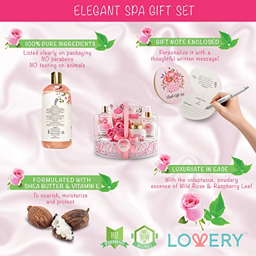 Home Spa Gift Basket - Wild Rose & Raspberry Leaf Scent - 7 Piece Bath & Body...