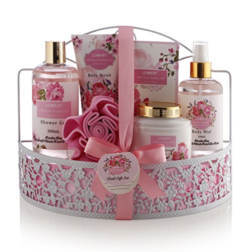 Home Spa Gift Basket - Wild Rose & Raspberry Leaf Scent - 7 Piece Bath & Body...