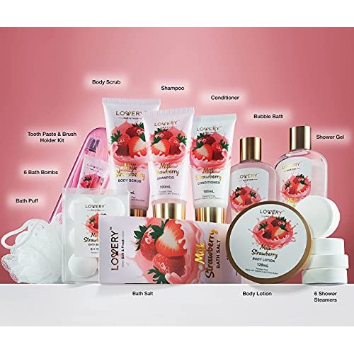Strawberry Milk Scented Bath Set, 25Pcs, Shower Gel, Body Lotion, Shower Stea...