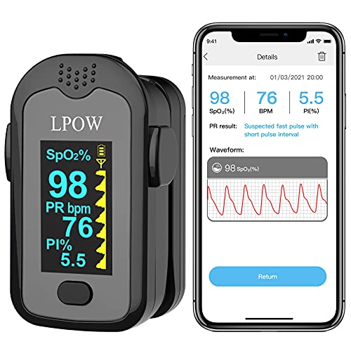 LPOW Bluetooth Pulse Oximeter Fingertip, OLED Display, Blood Oxygen Saturatio...
