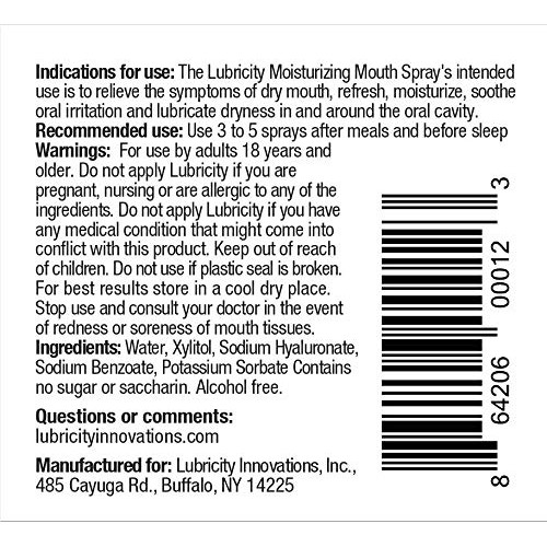 Lubricity Dry Mouth Spray, Premium Product with Hyaluronic Acid, No Alcohol o...