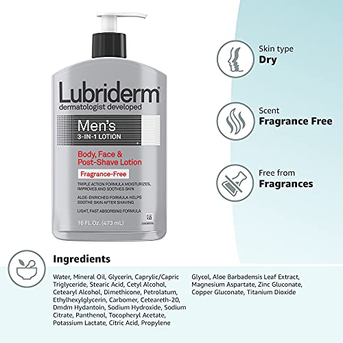 Lubriderm Men's 3-In-1 Unscented Lotion Enriched with Soothing Aloe for Body ...