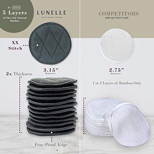 Lunelle Charcoal Bamboo Reusable Makeup Remover Pads 12 Pack - Reusable Face ...
