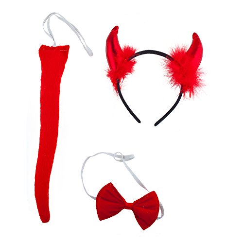 Lux Accessories Metallic Red Furry Devil Horn Bowtie Tail Costume Party Dressup