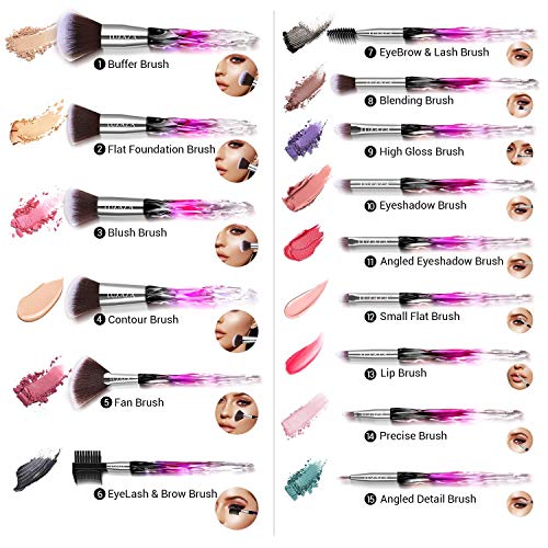 LUXAZA 15PCS Professional Makeup Brush Set,Sparkling Crystal Style Makeup Bru...