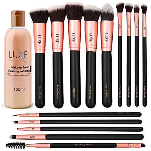 Luxe Premium Makeup Brushes Set with Brush Cleaning Solution - 14 Pc Face and...