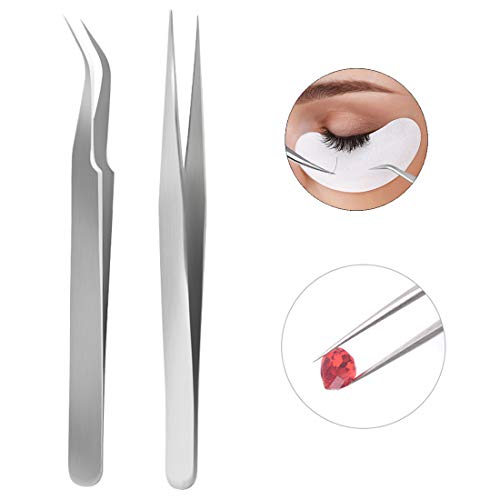 2Pcs Professional Stainless Steel Nail Art Tweezers Curved Straight Tip False...