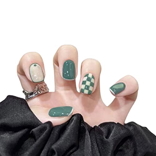 LXX Nails Decor 3 Sets Checkerboard False Nails Green Artificial Nails Press ...