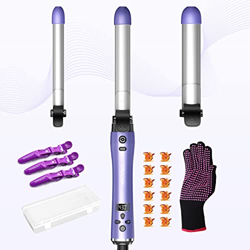 Beach Wave Rotating Hair Curling Iron-3 Interchangeable Heating Iron Barrels ...
