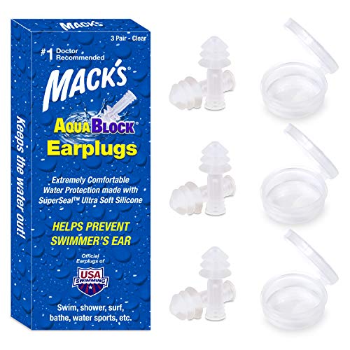 Mack's AquaBlock Swimming Earplugs, 3 Pair - Comfortable, Waterproof, Reusabl...
