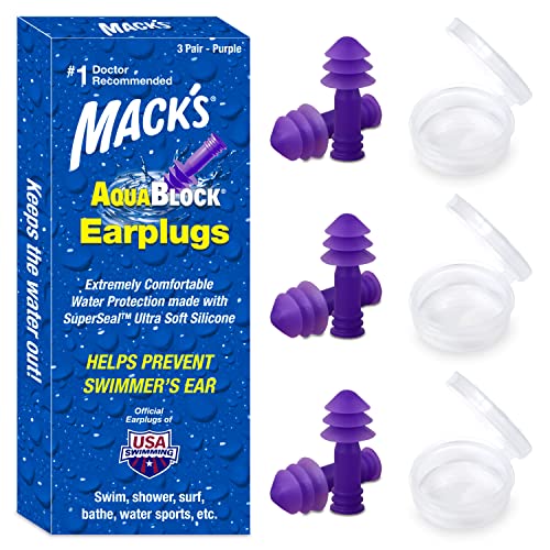 Mack's AquaBlock Swimming Earplugs, 3 Pair - Comfortable, Waterproof, Reusabl...