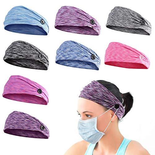8pcs Button Headbands Set- Non Slip Elastic Headbands with Button in 8 Colors...