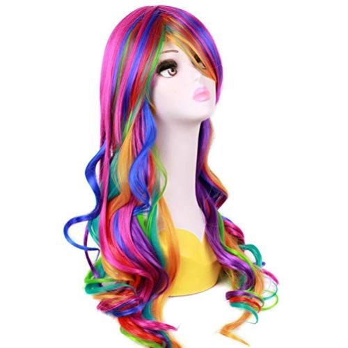 MAGQOO 27 Inches Rainbow Wig with Side Bangs Long Curly Wavy Wig Multi-color ...