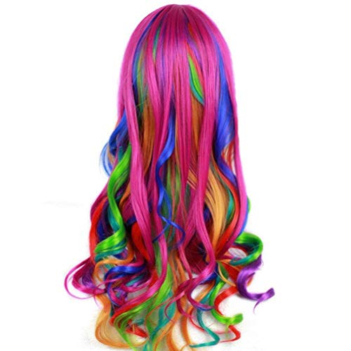 MAGQOO 27 Inches Rainbow Wig with Side Bangs Long Curly Wavy Wig Multi-color ...