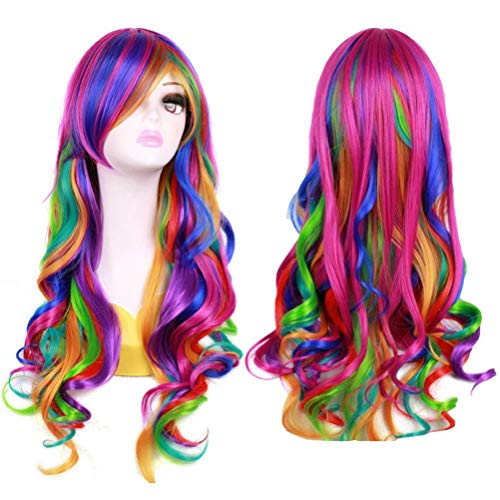MAGQOO 27 Inches Rainbow Wig with Side Bangs Long Curly Wavy Wig Multi-color ...