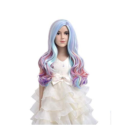 MAGQOO Child Kids Rainbow Wig Side Part Long Curly Wavy Wig Multi-color Hair ...