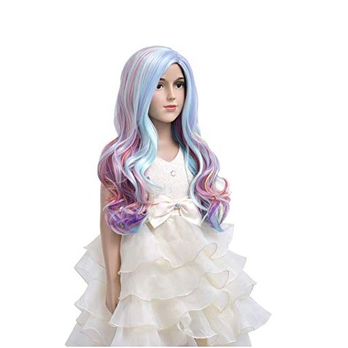 MAGQOO Child Kids Rainbow Wig Side Part Long Curly Wavy Wig Multi-color Hair ...