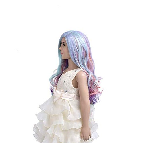 MAGQOO Child Kids Rainbow Wig Side Part Long Curly Wavy Wig Multi-color Hair ...