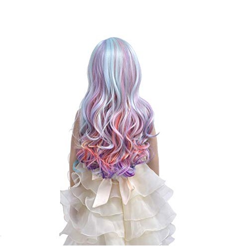 MAGQOO Child Kids Rainbow Wig Side Part Long Curly Wavy Wig Multi-color Hair ...