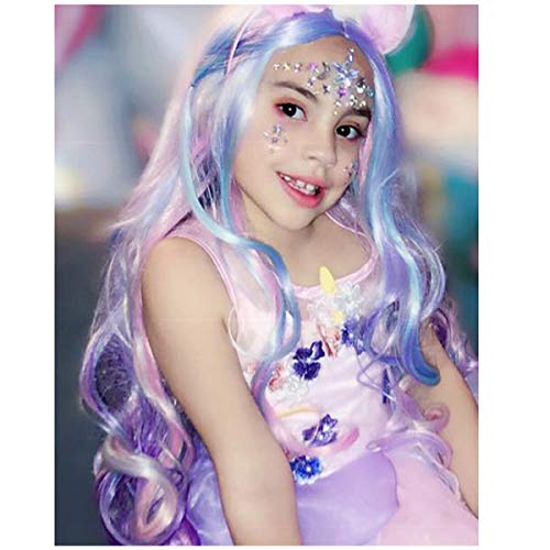 MAGQOO Child Kids Rainbow Wig Side Part Long Curly Wavy Wig Multi-color Hair ...