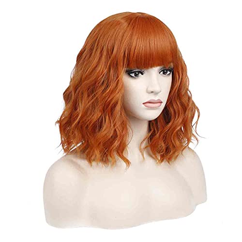 MAGQOO Dark Orange Wig with Bangs Short Curly Wavy Bob Wig Dark Orange Hair W...