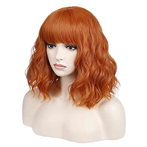 MAGQOO Dark Orange Wig with Bangs Short Curly Wavy Bob Wig Dark Orange Hair W...
