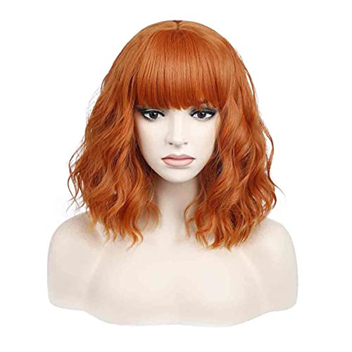 MAGQOO Dark Orange Wig with Bangs Short Curly Wavy Bob Wig Dark Orange Hair W...