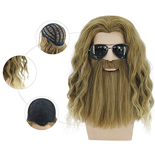 MAGQOO Golden Brown Wig with Beard Mustaches Men's Long Curly Wig Golden Brow...