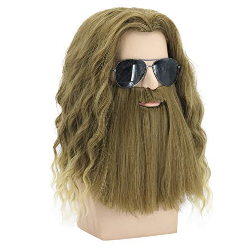 MAGQOO Golden Brown Wig with Beard Mustaches Men's Long Curly Wig Golden Brow...