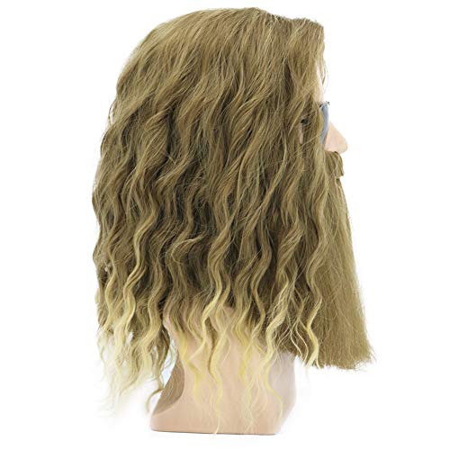 MAGQOO Golden Brown Wig with Beard Mustaches Men's Long Curly Wig Golden Brow...