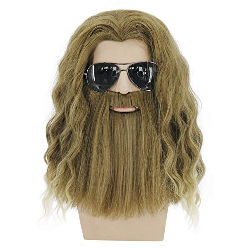 MAGQOO Golden Brown Wig with Beard Mustaches Men's Long Curly Wig Golden Brow...