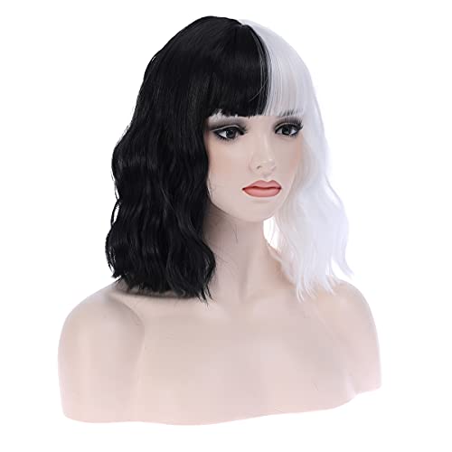 MAGQOO Half Black White Wig with Bangs Women Girls Short Curly Wavy Bob Wig B...
