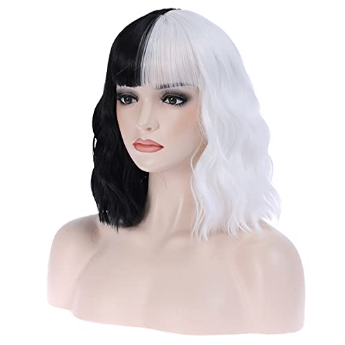 MAGQOO Half Black White Wig with Bangs Women Girls Short Curly Wavy Bob Wig B...