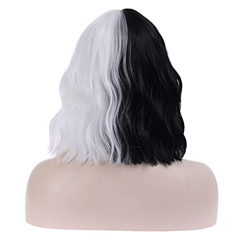 MAGQOO Half Black White Wig with Bangs Women Girls Short Curly Wavy Bob Wig B...
