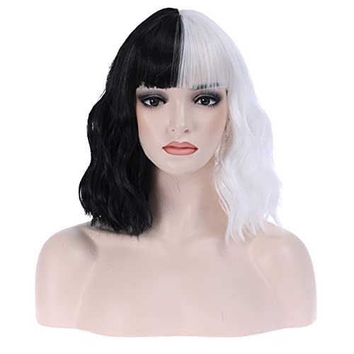 MAGQOO Half Black White Wig with Bangs Women Girls Short Curly Wavy Bob Wig B...