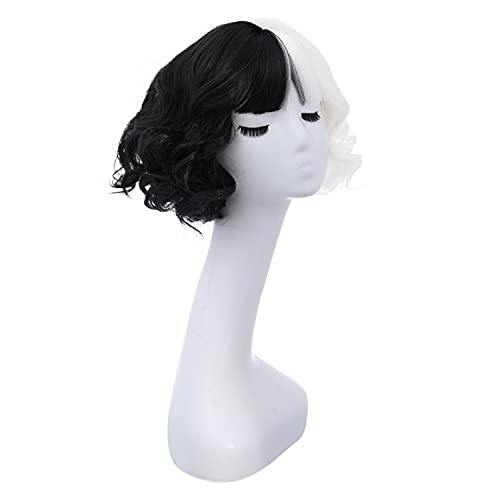 MAGQOO Half Black White Wig with Bangs Women Girls Short Curly Wavy Wig Black...